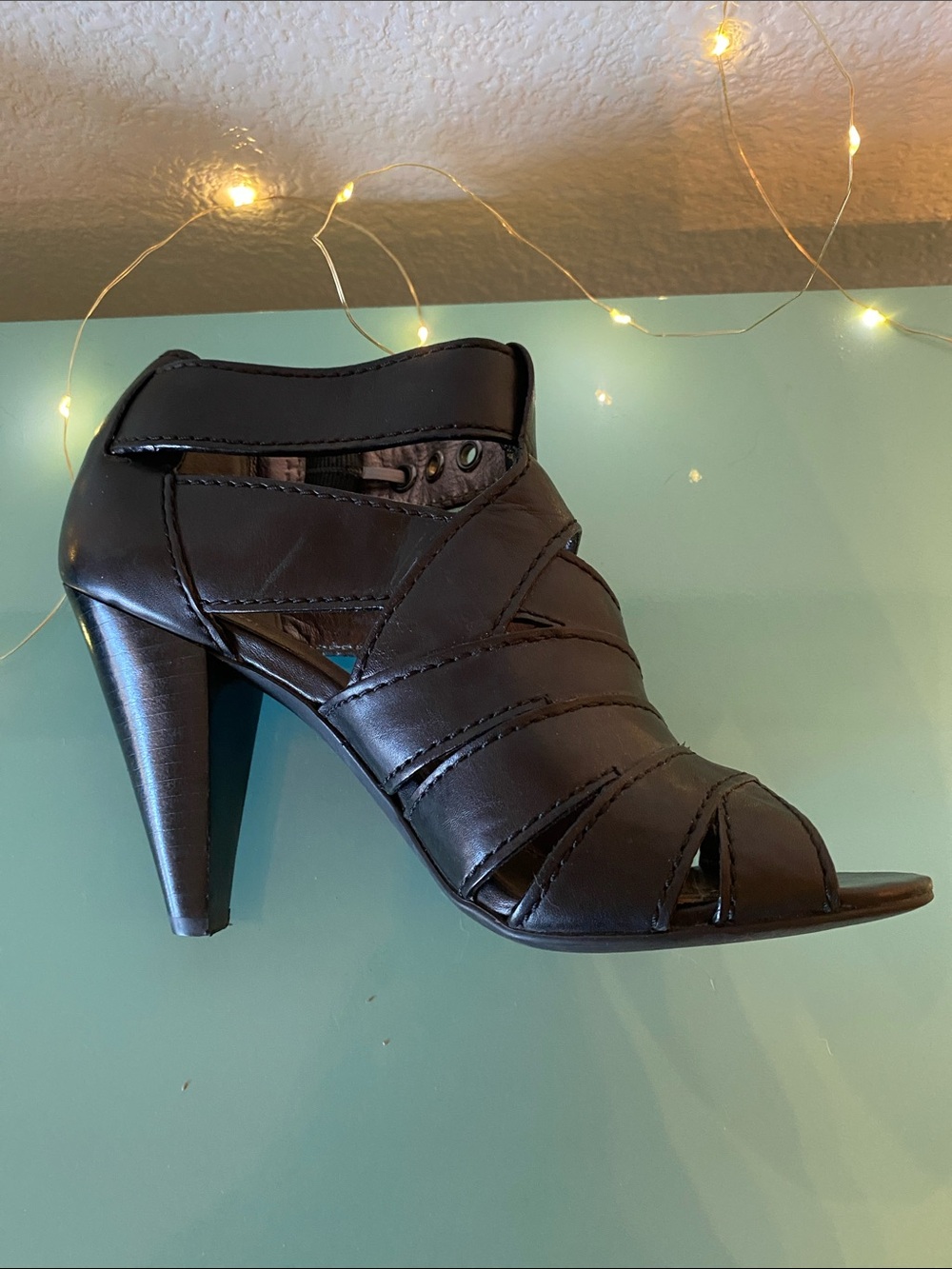 Coach Black Leather Strappy Peep-Toe Heels with Buckle - Picture 5 of 13